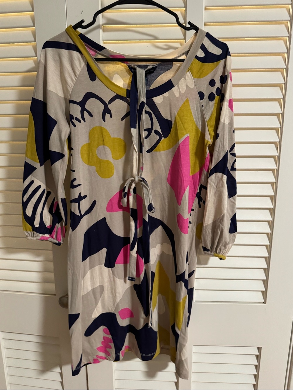 French Connection Beige Tunic Dress with Navy, Pink & Mustard Accents